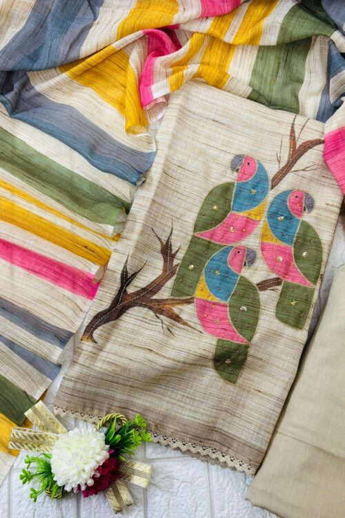 Linen cotton parrot print suit with coloured dupatta