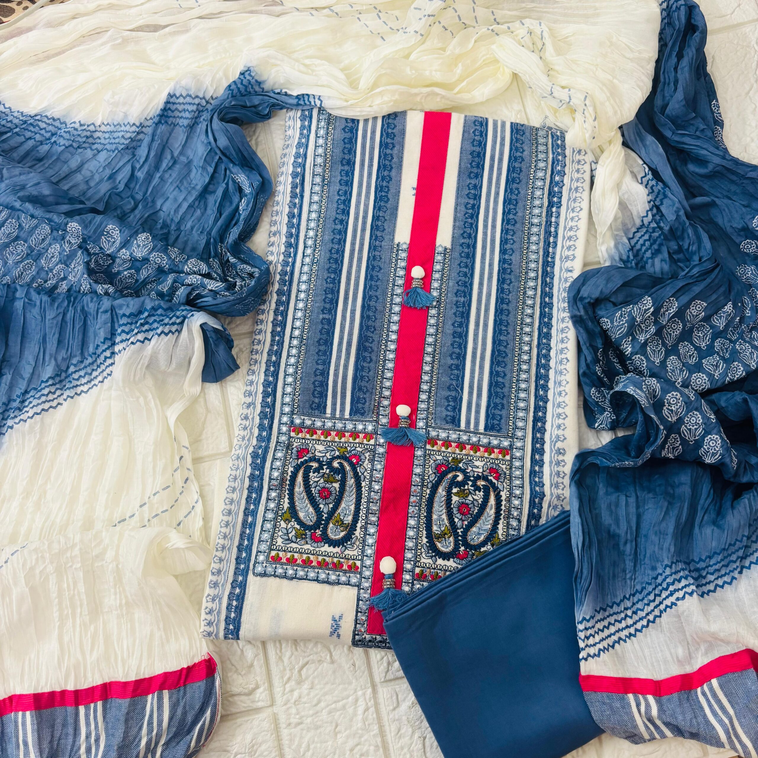 Indigo blue semi formal handloom cotton suit set