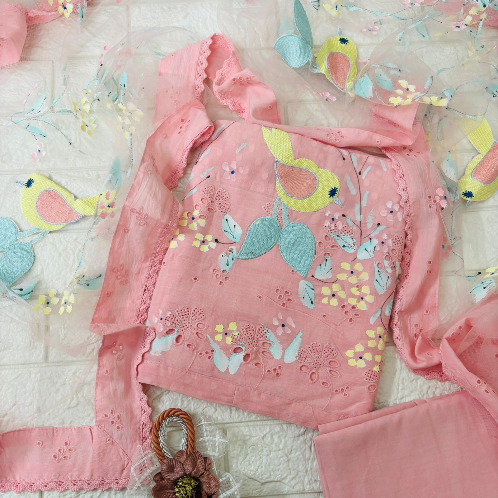 Bird patched cotton suit with handpaint soft net dupatta and Hakooba work