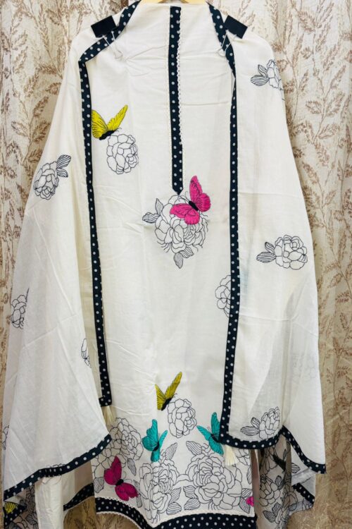 White Floral & Butterfly Embroidered Cotton Suit Set with Polka Dot Border