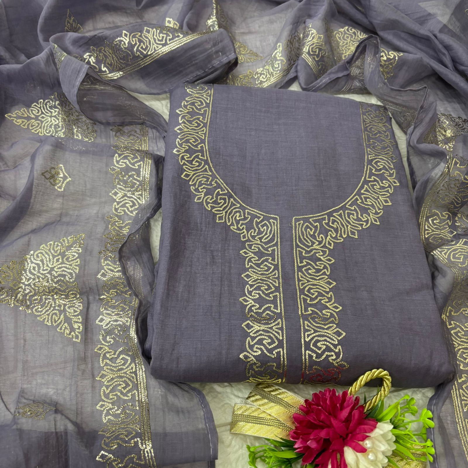 Graceful Lavender Mul Chanderi Suit with Pita work - Image 2