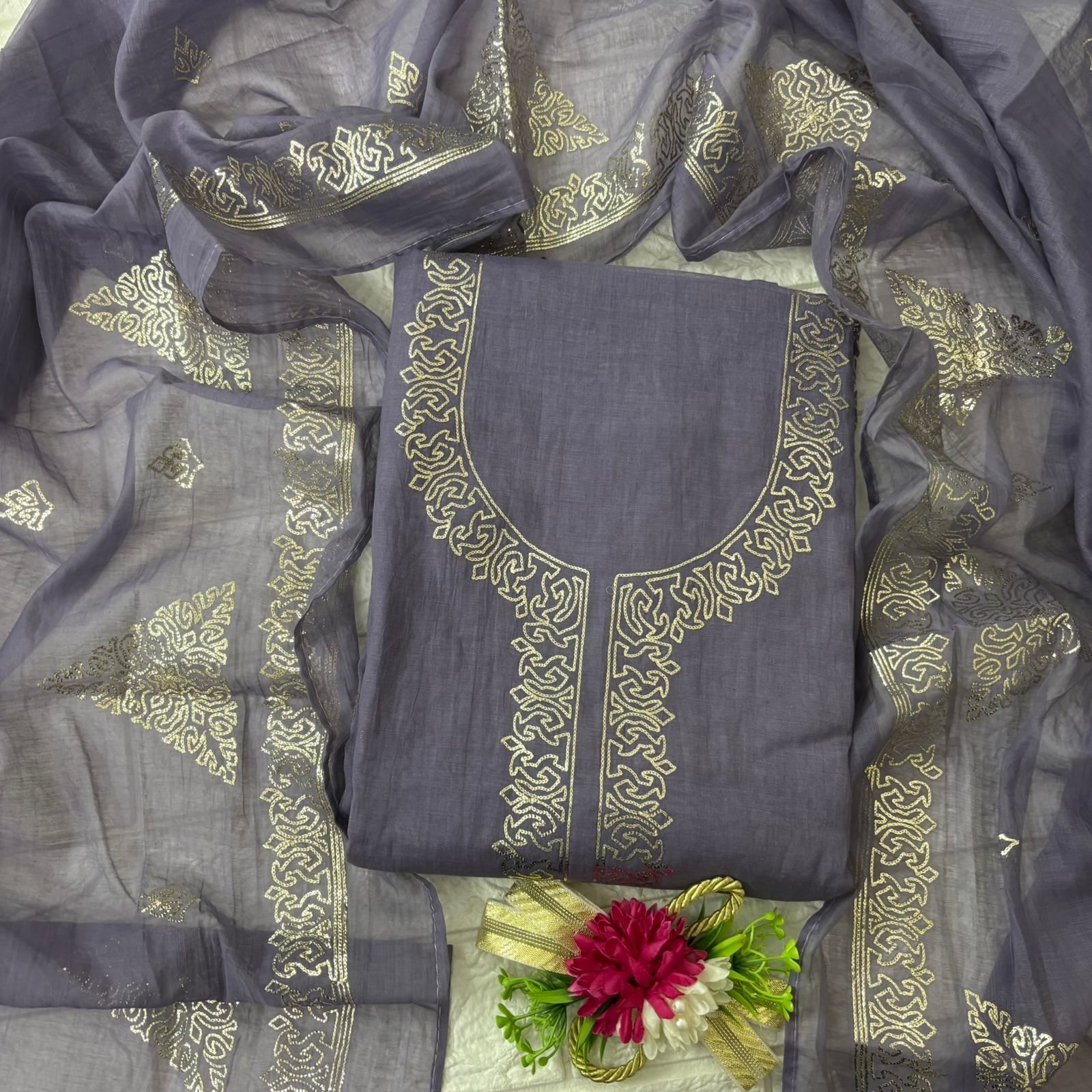 Graceful Lavender Mul Chanderi Suit with Pita work