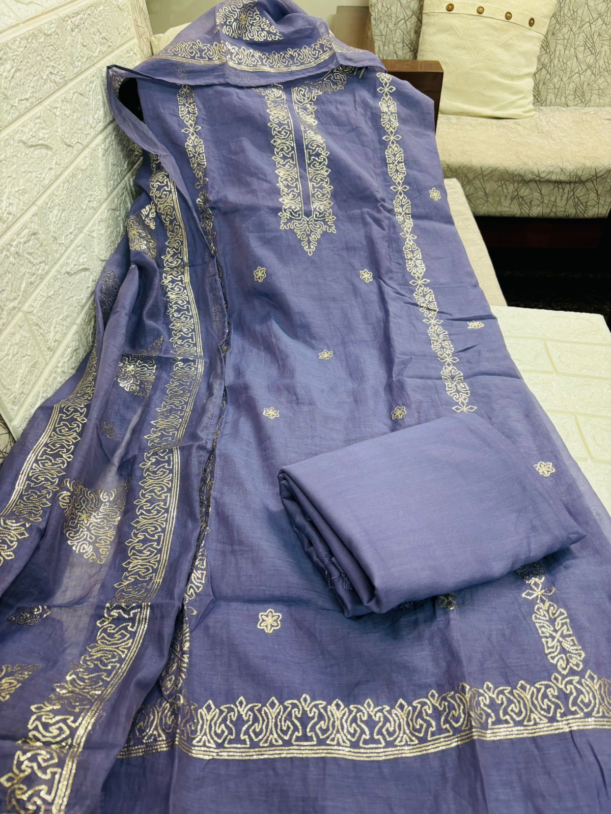 Graceful Lavender Mul Chanderi Suit with Pita work - Image 4