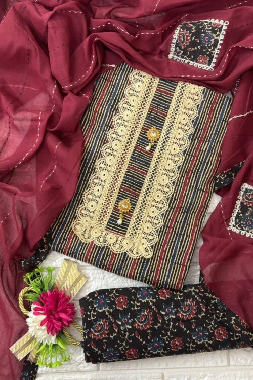 Printed Cotton Suit with Embroidered Lace Work