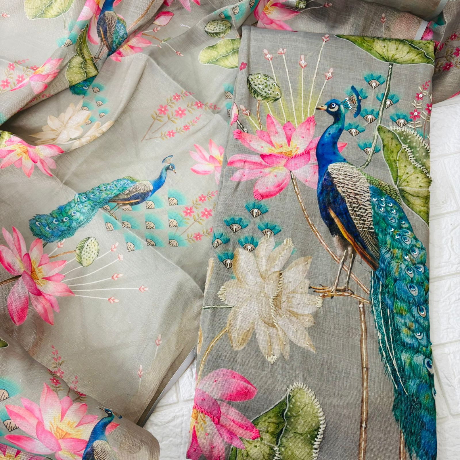 Premium Shimmer Linen Peacock Suit Set - Image 2