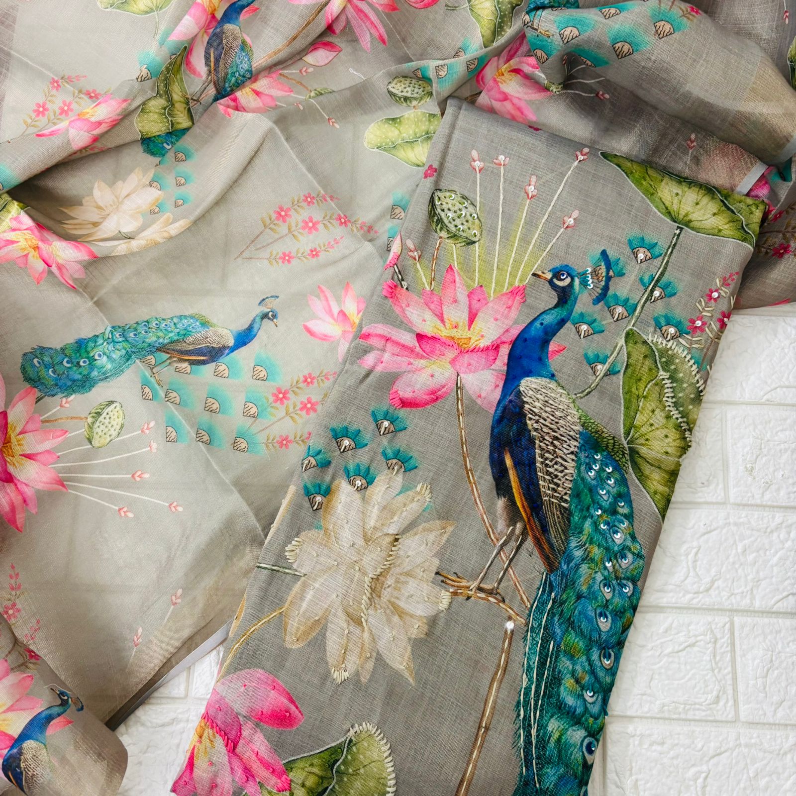 Premium Shimmer Linen Peacock Suit Set - Image 5