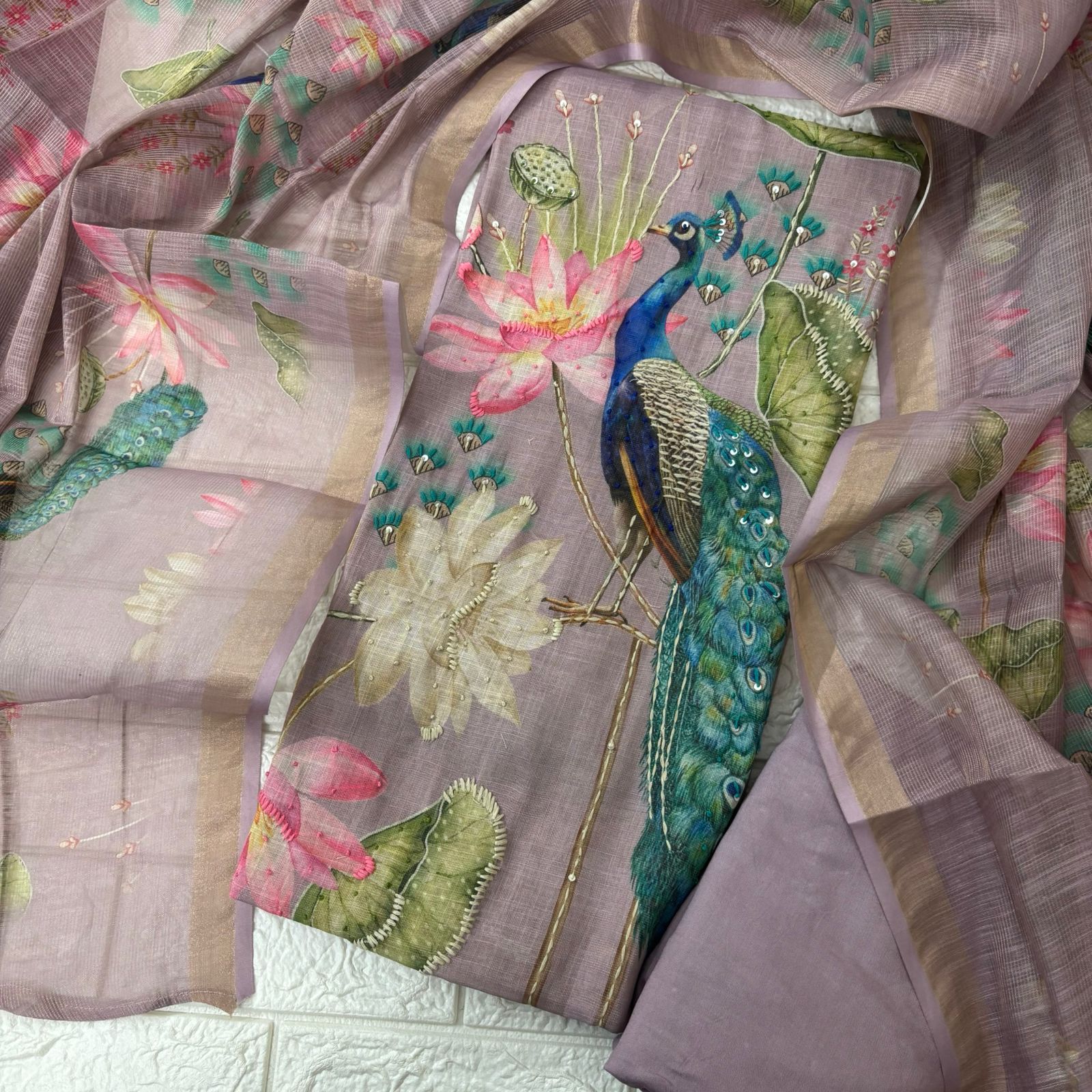 Premium Shimmer Linen Peacock Suit Set