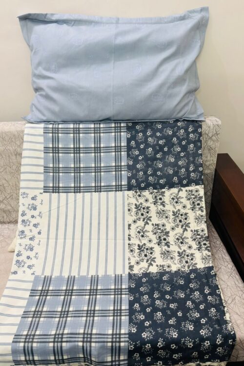 Premium glace Cotton Bedspread with Pillow Cover – Blue & White