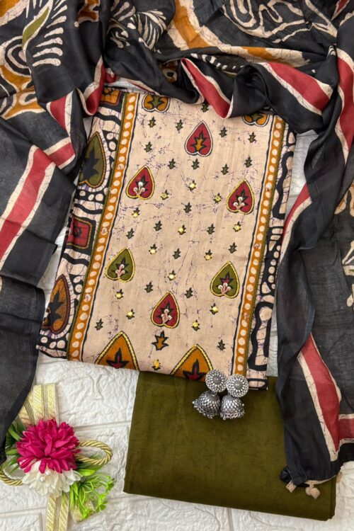 Handcrafted Batik Cotton Suit Set with Printed Dupatta