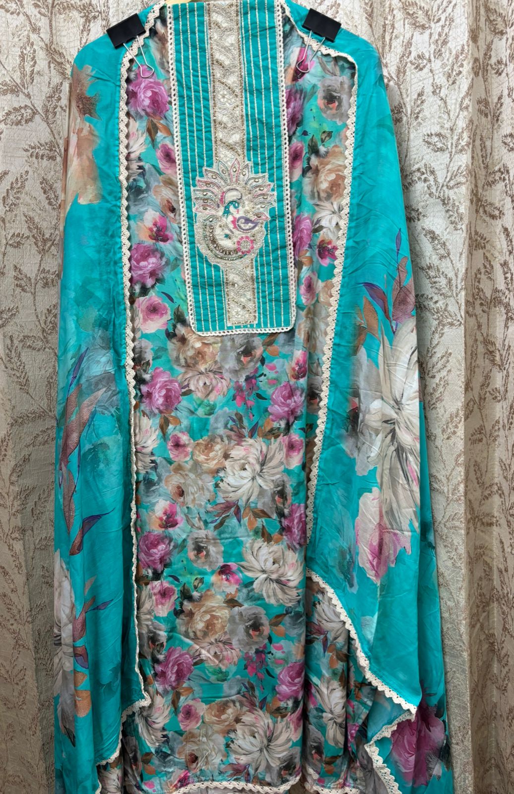 Peacock Embroidered muslin cotton Floral Digital Print Suit Set - Image 5
