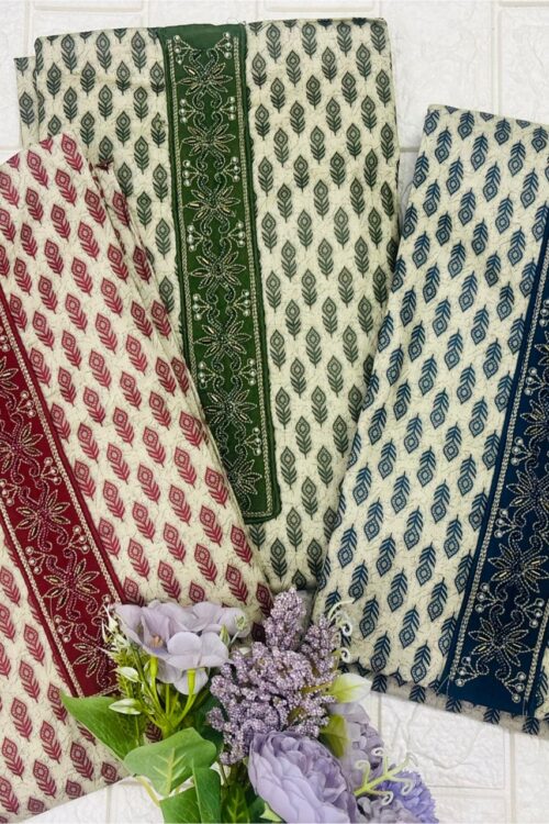 Classic Printed Cotton Kurta Fabric with Embroidered Panel