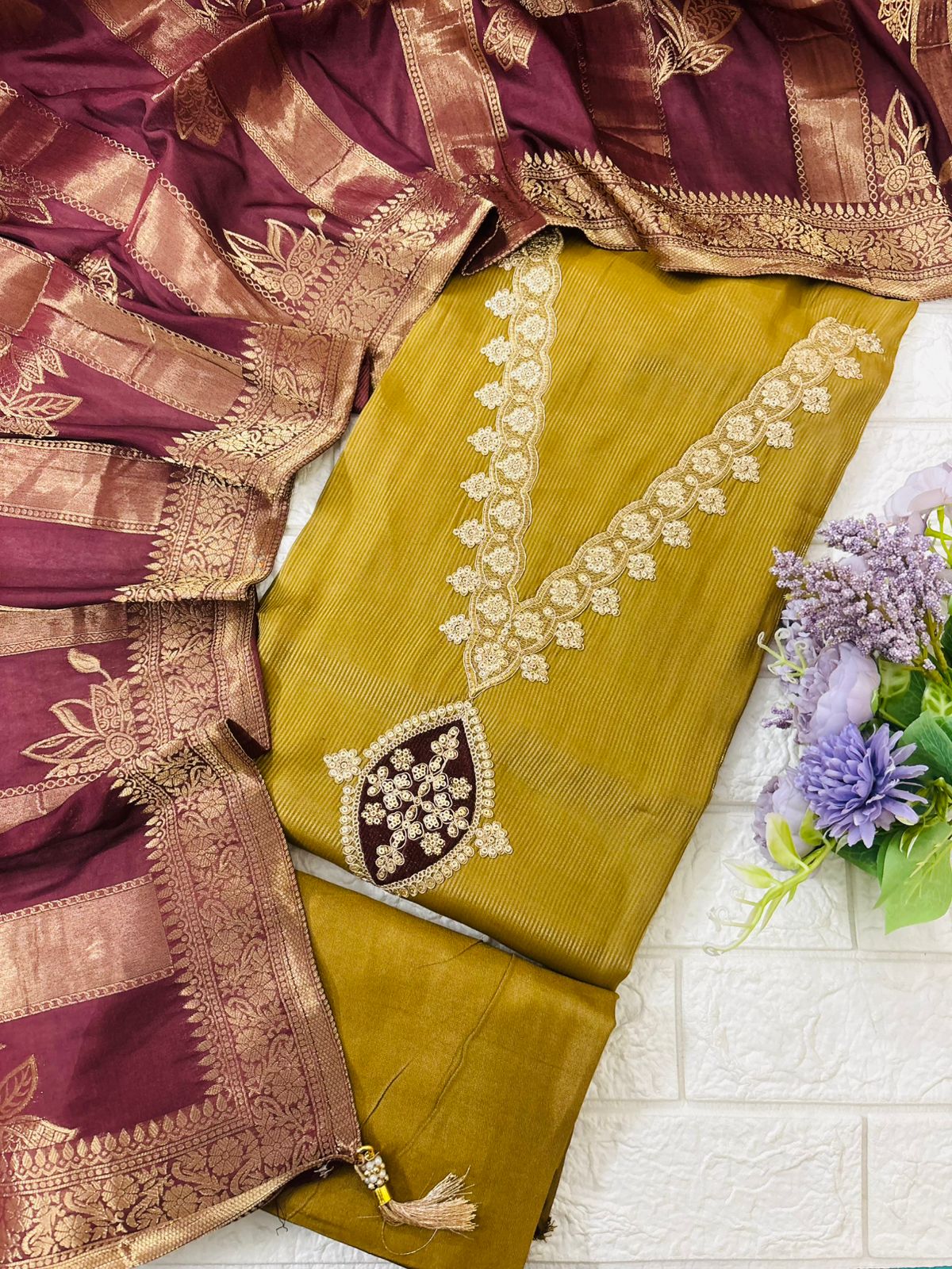 Premium Banarasi-Inspired Embroidered Suit Set with Woven Dupatta - Image 3