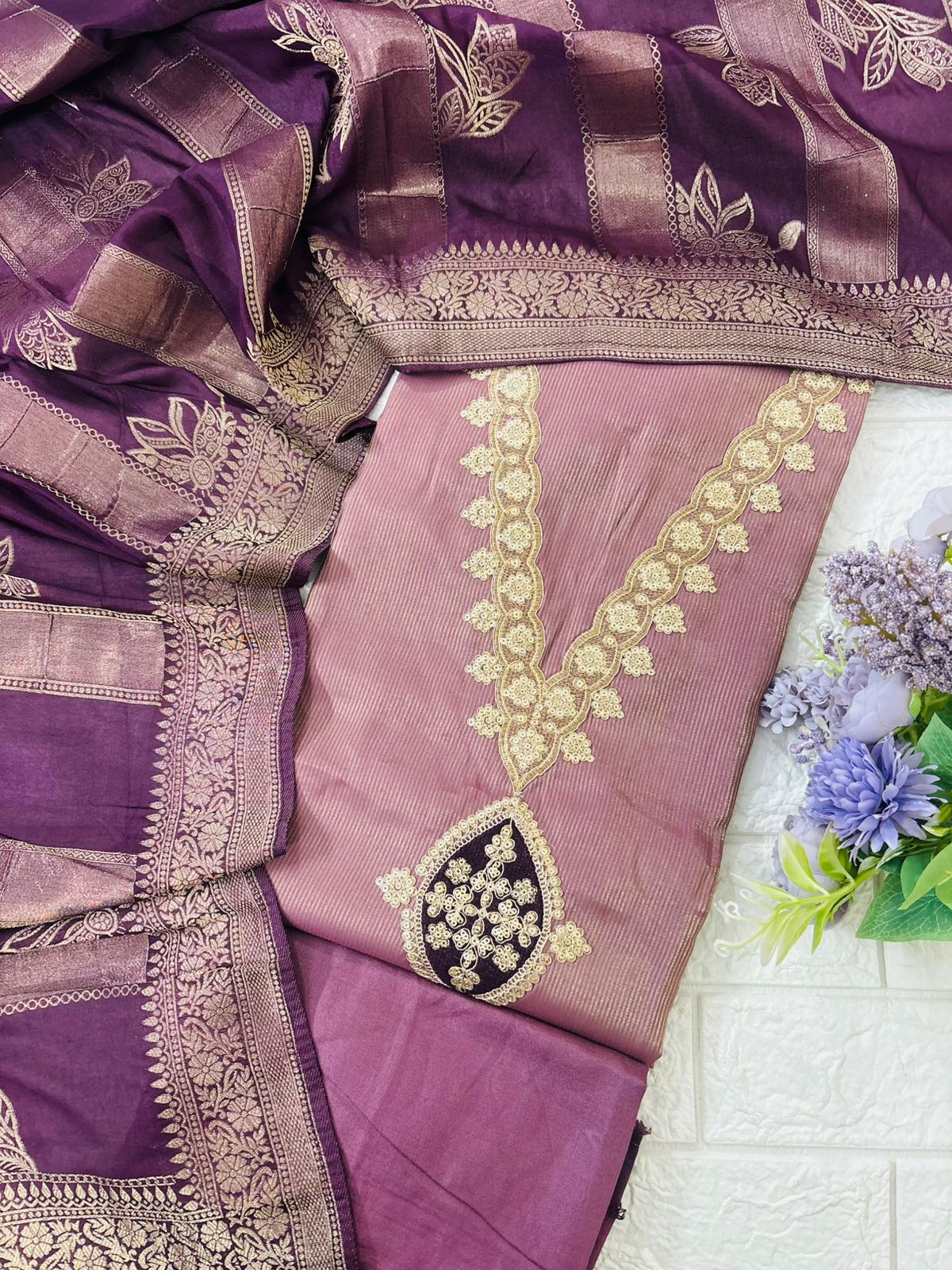 Premium Banarasi-Inspired Embroidered Suit Set with Woven Dupatta - Image 4