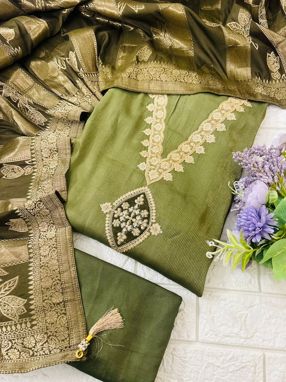 Premium Banarasi-Inspired Embroidered Suit Set with Woven Dupatta - Image 2