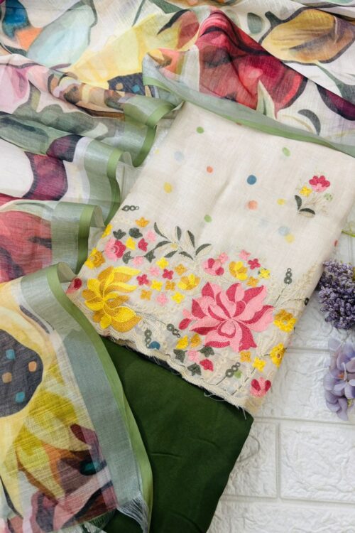 Off-White Floral Embroidered linen Suit Set with digital Print Dupatta