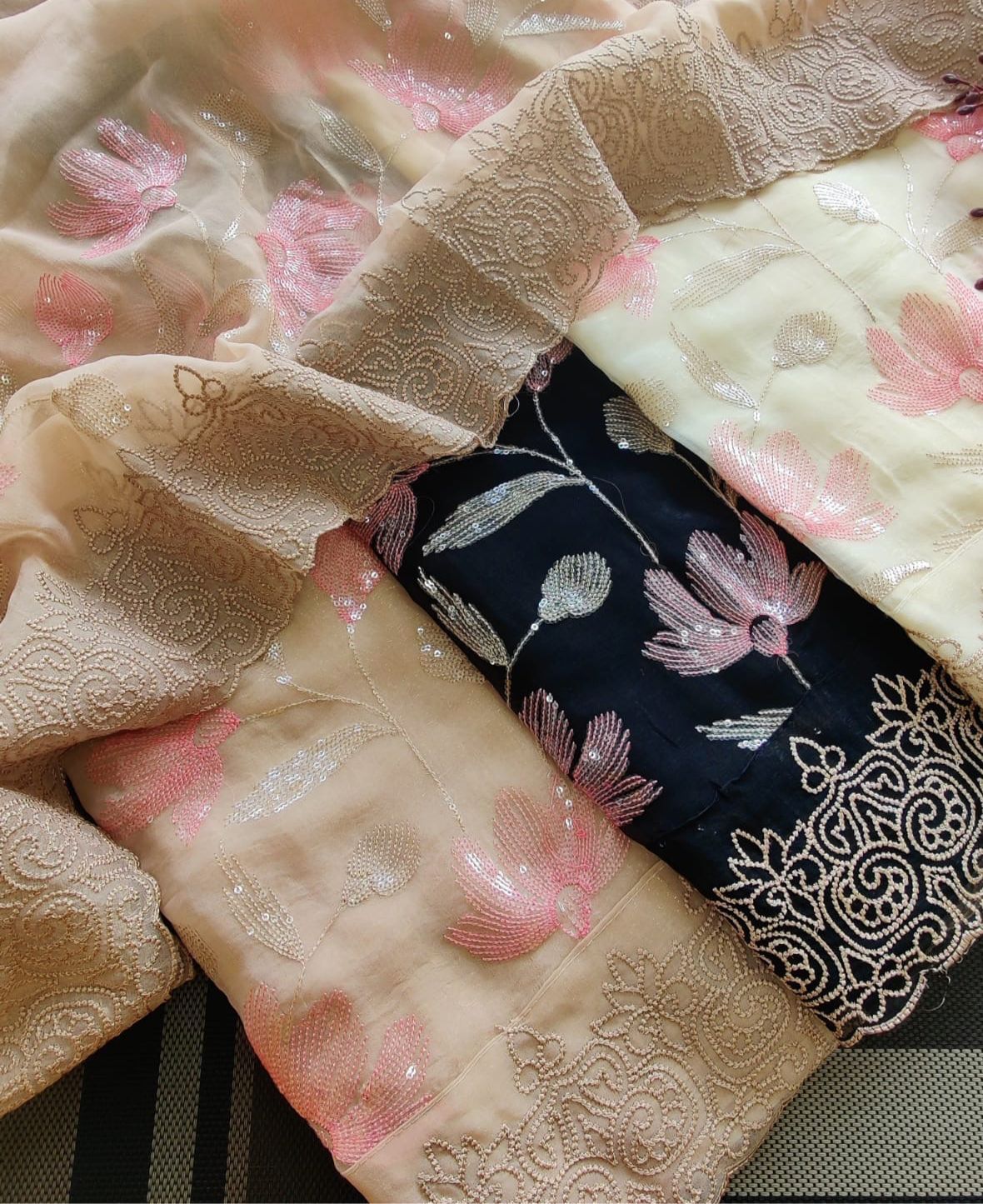 Soft sequins work organza shimmer suit set