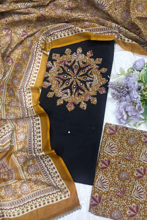 Handcrafted Cotton Appliqué Suit Set with Printed Dupatta