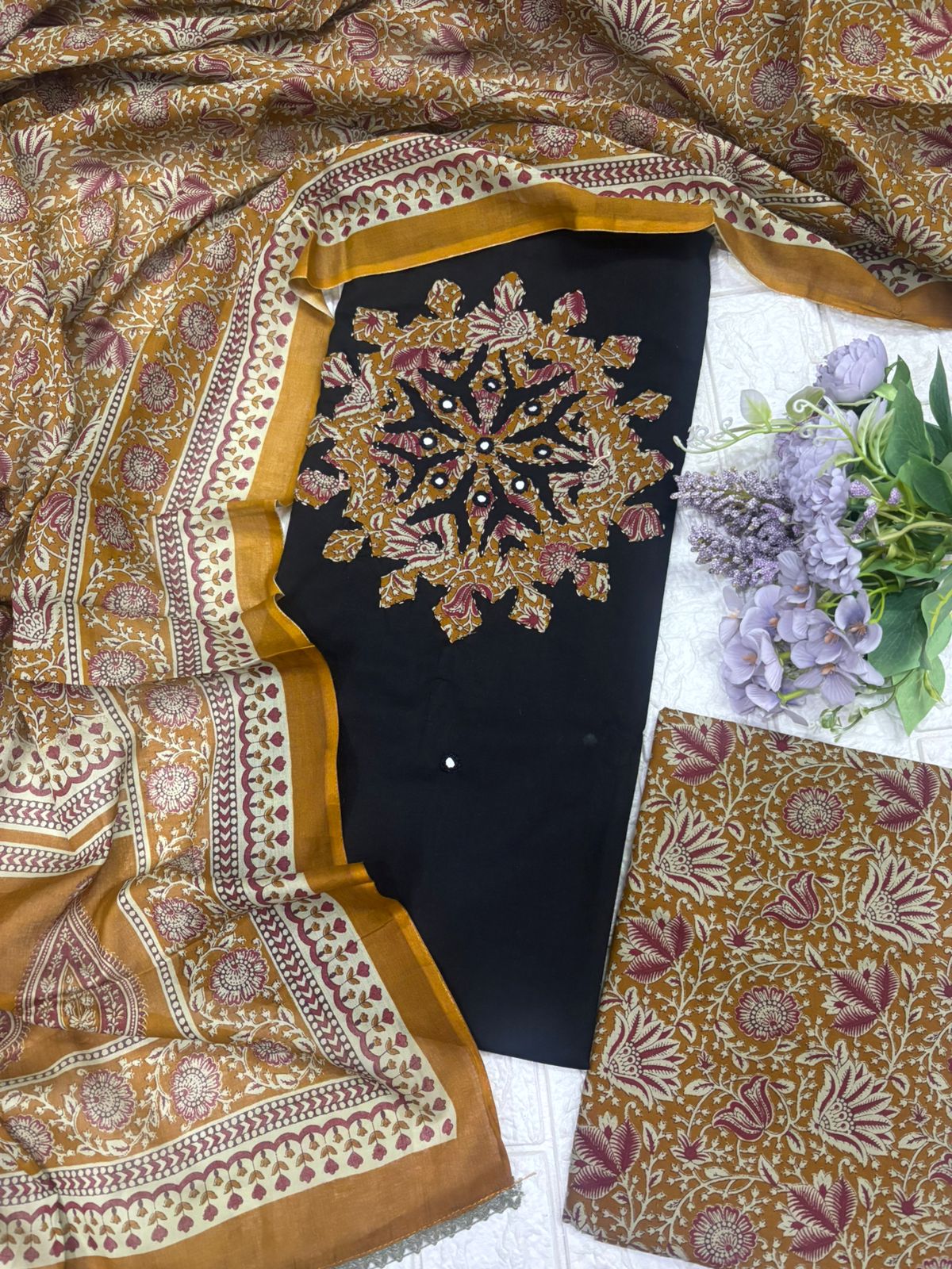 Handcrafted Cotton Appliqué Suit Set with Printed Dupatta