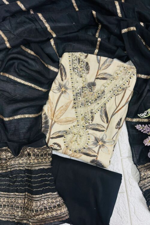 Premium Beige and black jam cotton suit set