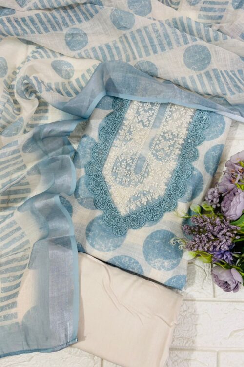 Elegant Linen Suit Set with Lace Neck Design