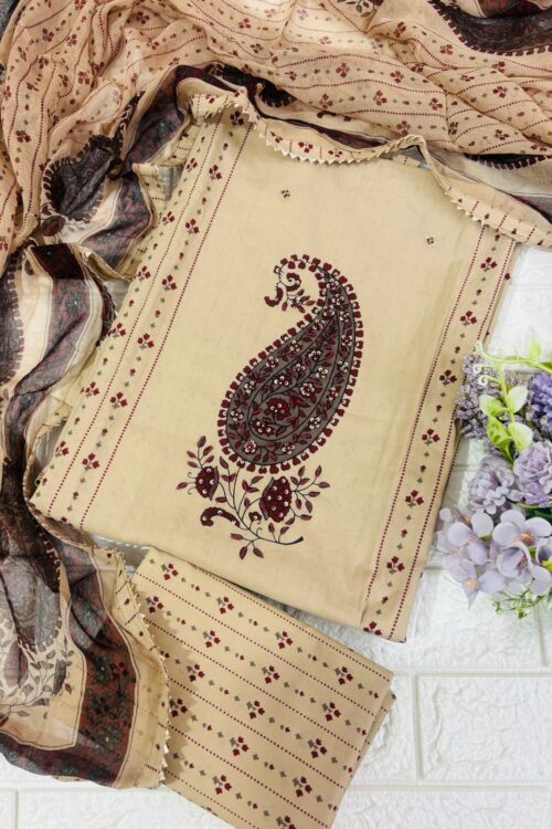 Beige and maroon pure cotton suit fabric with pure chiffon dupatta