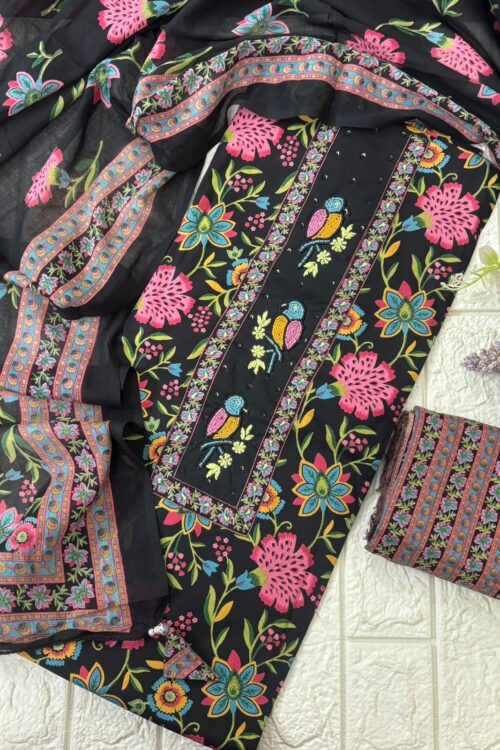Pure cotton floral black suit with beautiful beaded neckline