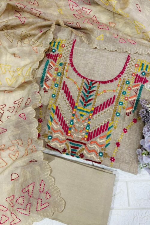 Pure Jamdani embroidered suit fabric with kantha work dupatta