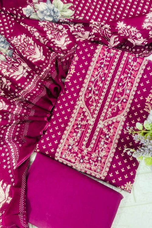 Jam cotton suit fabric with pure muslin dupatta