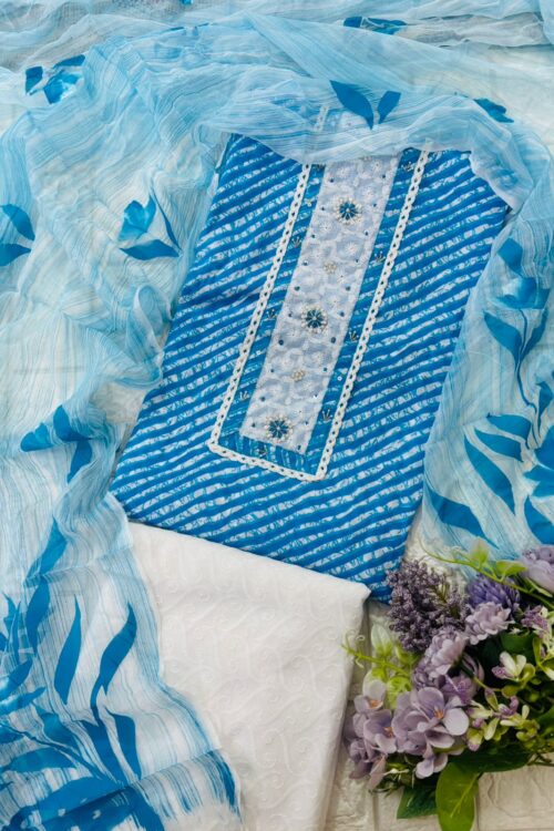 Pure cotton lehriya fabric with chicken bottom and handpainted dupatta