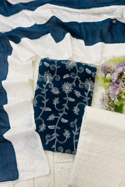 Beautiful embroidered cotton suit with chicken bottom