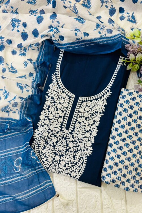 Pure cotton chickenkari suit fabric with mul cotton dupatta