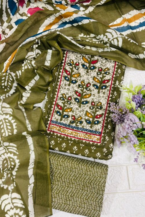 Olive green cambric cotton suit fabric