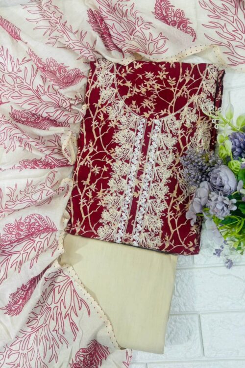 Cotton suit fabric with Dori embroidery neckline