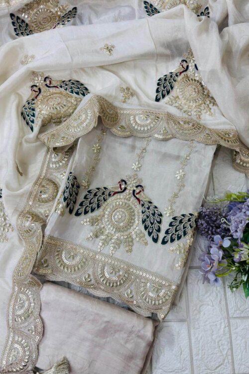 Shimmer silk embroidered dori peacock suit set