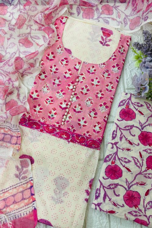 Pure cotton block print suit fabric with soft kota dupatta