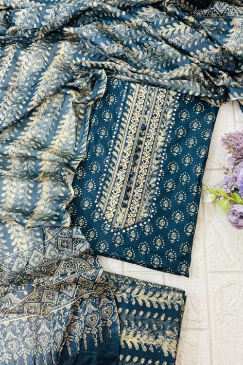 Cotton printed suit fabric with potli and mirror detail neck