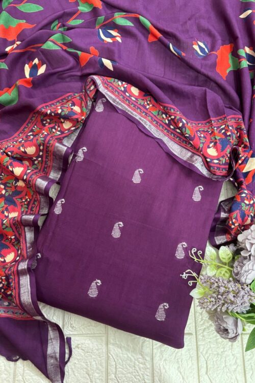 Maheshwari Cotton with silver motifs suit fabric and printed dupatta