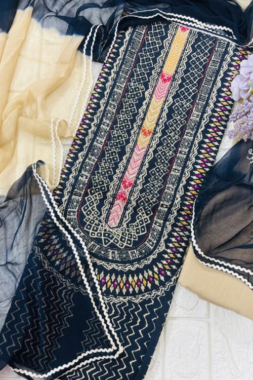 Pure cotton suit fabric with lace chiffon dupatta