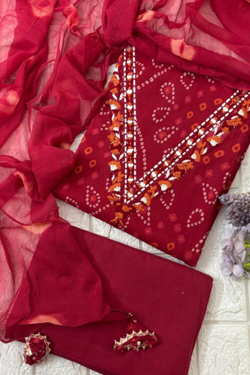 Pure cotton bandhni print suit fabric with chiffon dupatta