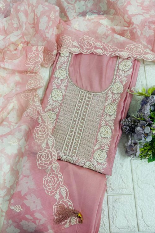 Rose Chanderi Cotton pastel suit fabric with beautiful cutwork dupatta