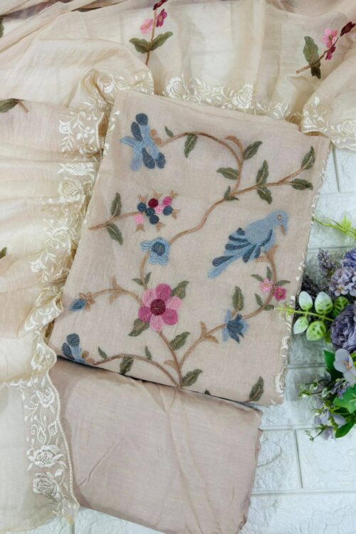 Mul chanderi bird embroidered suit fabric