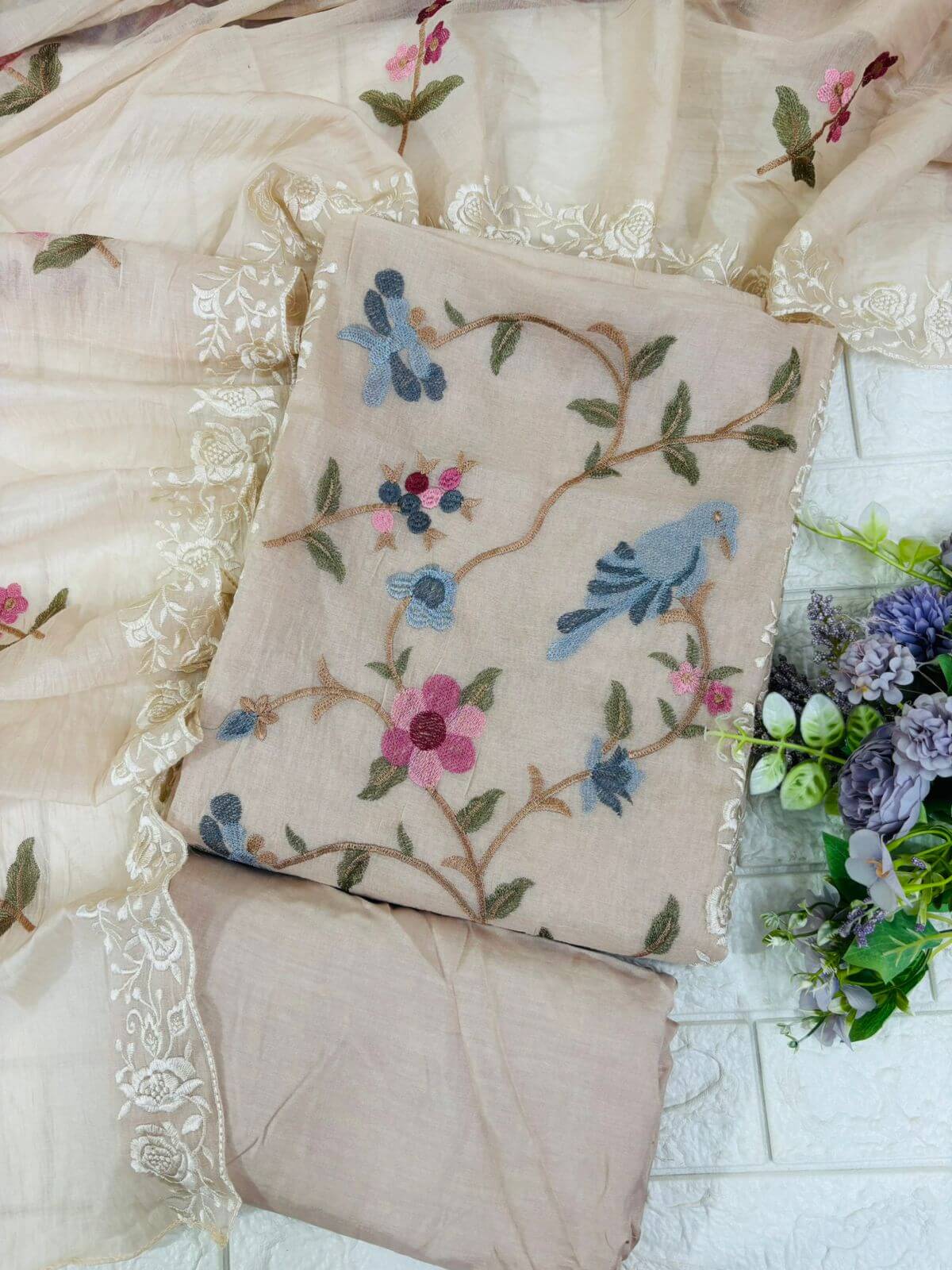 Mul chanderi bird embroidered suit fabric