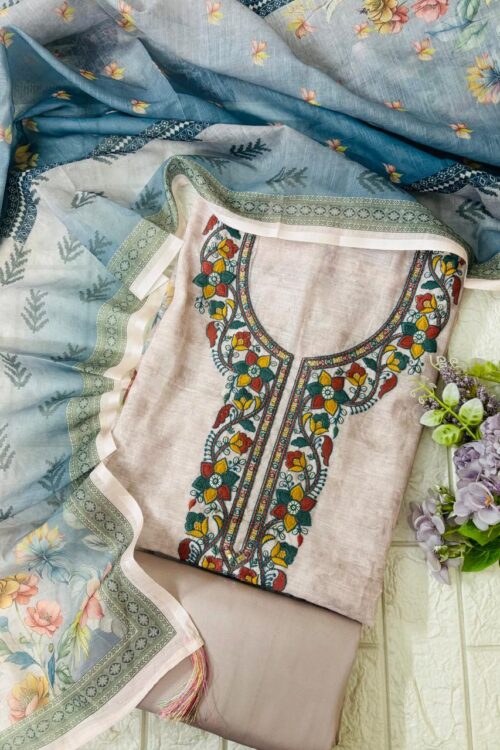 Pure linen beautiful embroidered neckline suit fabric