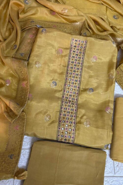 Soft lightweight shimmer silk party wear suit fabric with lining including