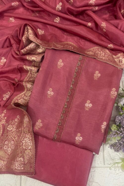Rosewood Pink with Gold Weaving silk suit fabric