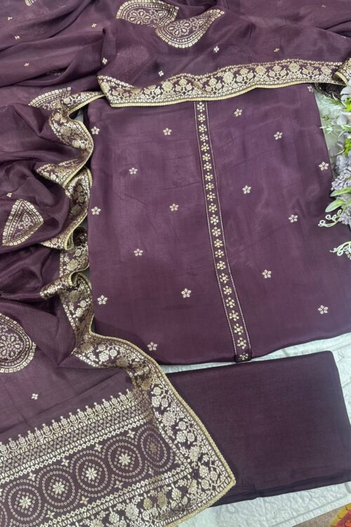Rich wine Pure crepe handwork detail suit fabric with zari weave