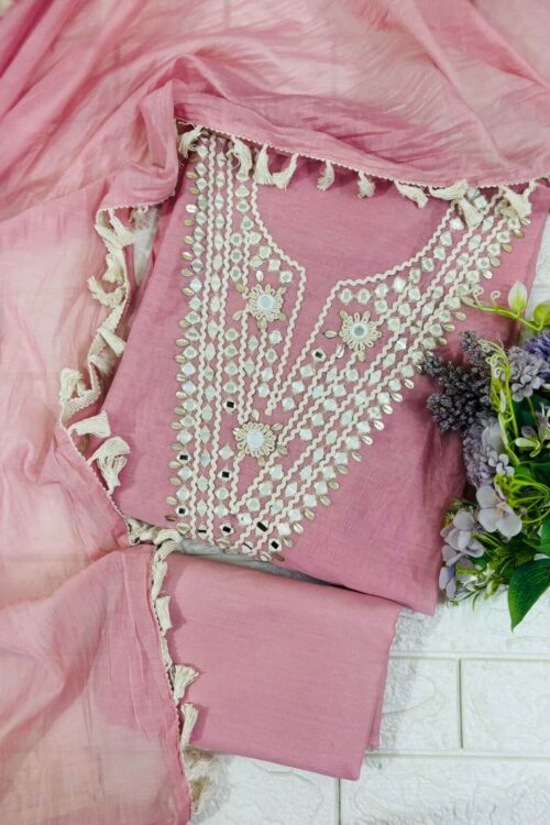 Mul cotton mirror work neckline suit fabric