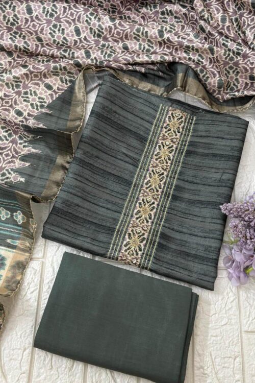 Tussar silk beautiful suit fabric with handwork neck detail