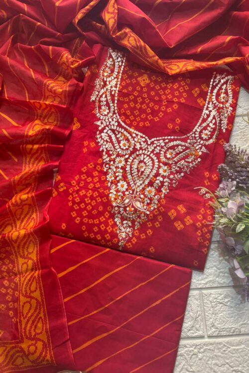 Bandhani print pita work suit set with pure cotton dupatta