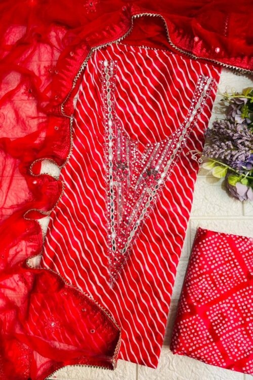 Pure cotton with mirror neckline suit fabric and chiffon dupatta